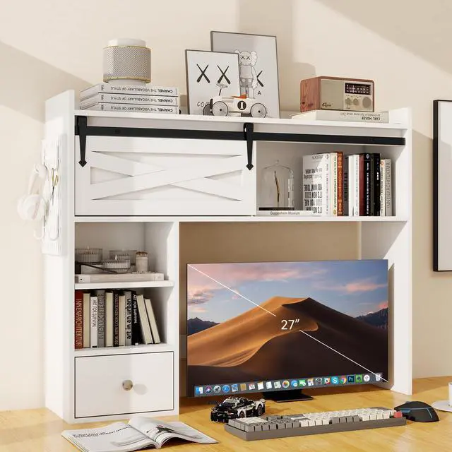 Main image of Desktop Bookshelf, Desk Shelf with Drawer for Computer Desk, 36.22" 7-Tier Adjustable Desktop Hutch Organizer with Pegboard for Home Office, Oak