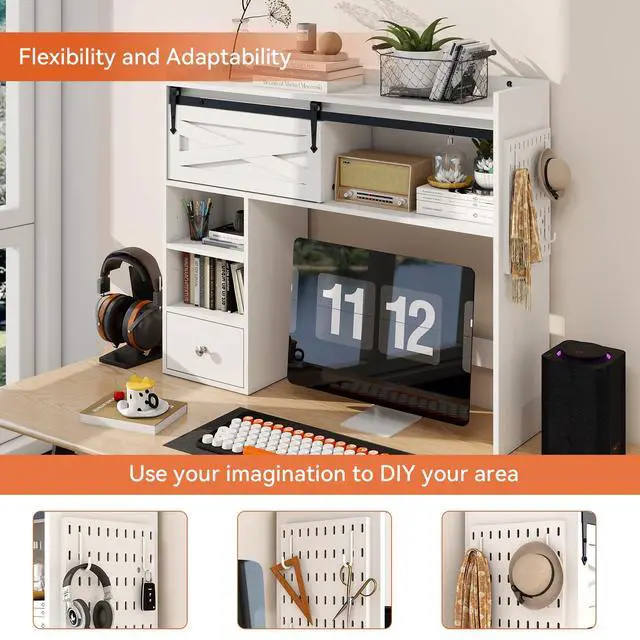 Alt view image 4 of 7 - Desktop Bookshelf, Desk Shelf with Drawer for Computer Desk, 36.22" 7-Tier Adjustable Desktop Hutch Organizer with Pegboard for Home Office, Oak