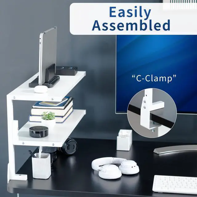 Alt view image 5 of 7 - White Clamp-on 24 inch 2-Tier Desk Shelf, STAND-SHELF24C-W | Above or Below Desk, 2 Level Shelving Unit for Table Accessories, Gaming Devices, and More, Storage Tray, Desktop Organizer