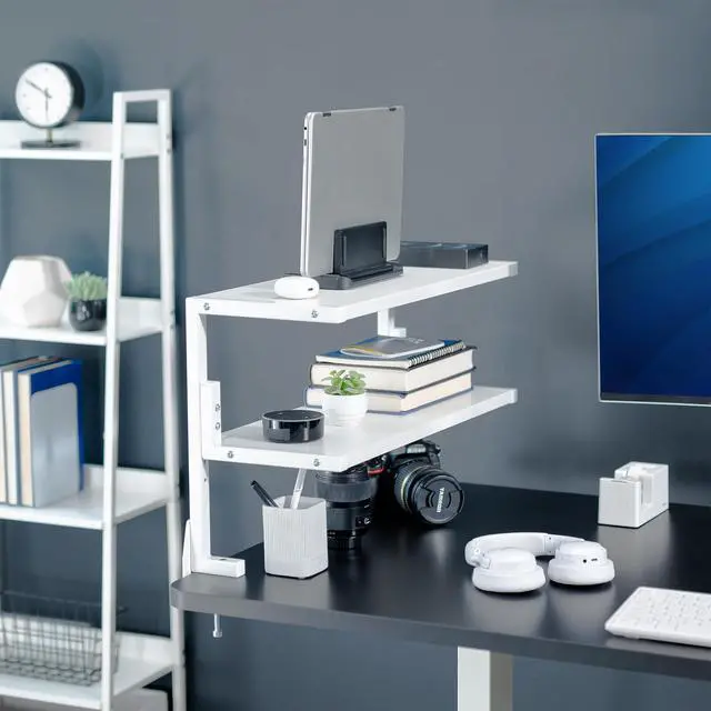 Alt view image 2 of 7 - White Clamp-on 24 inch 2-Tier Desk Shelf, STAND-SHELF24C-W | Above or Below Desk, 2 Level Shelving Unit for Table Accessories, Gaming Devices, and More, Storage Tray, Desktop Organizer
