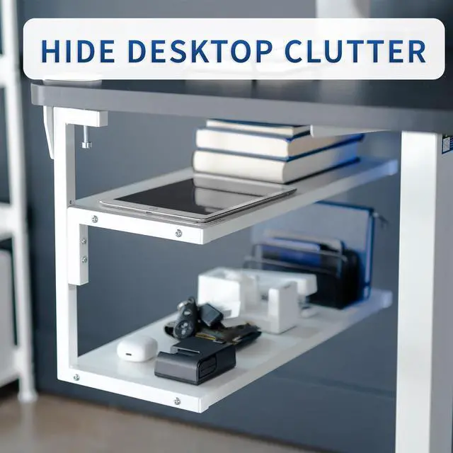 Alt view image 6 of 7 - White Clamp-on 24 inch 2-Tier Desk Shelf, STAND-SHELF24C-W | Above or Below Desk, 2 Level Shelving Unit for Table Accessories, Gaming Devices, and More, Storage Tray, Desktop Organizer