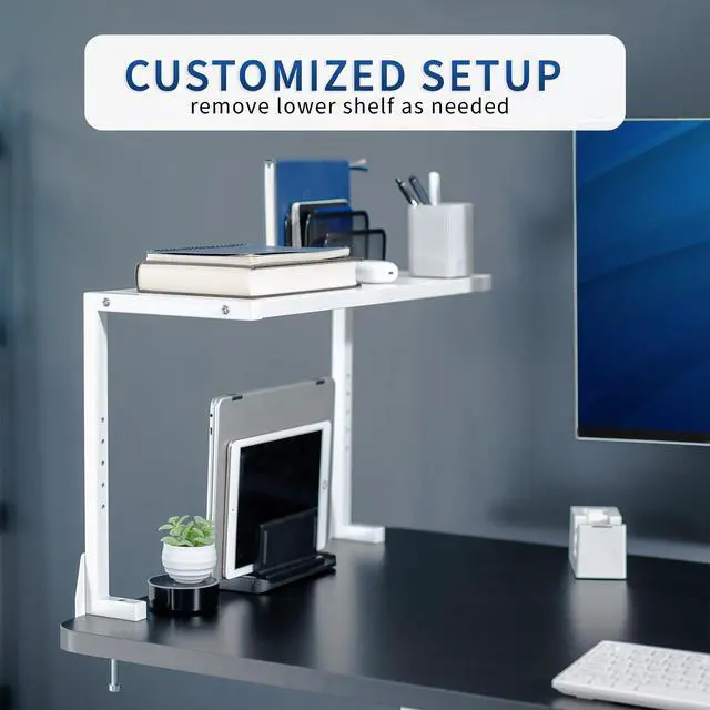 Alt view image 7 of 7 - White Clamp-on 24 inch 2-Tier Desk Shelf, STAND-SHELF24C-W | Above or Below Desk, 2 Level Shelving Unit for Table Accessories, Gaming Devices, and More, Storage Tray, Desktop Organizer