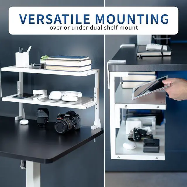 Alt view image 4 of 7 - White Clamp-on 24 inch 2-Tier Desk Shelf, STAND-SHELF24C-W | Above or Below Desk, 2 Level Shelving Unit for Table Accessories, Gaming Devices, and More, Storage Tray, Desktop Organizer