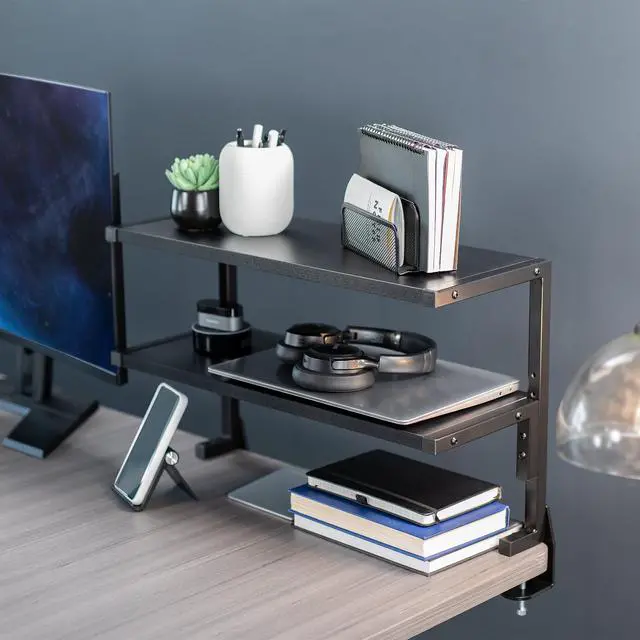 Alt view image 2 of 7 - Black Clamp-on 24 inch 2-Tier Desk Shelf, STAND-SHELF24C | Above or Below Desk, 2 Level Shelving Unit for Table Accessories, Gaming Devices, and More, Storage Tray, Desktop Organizer