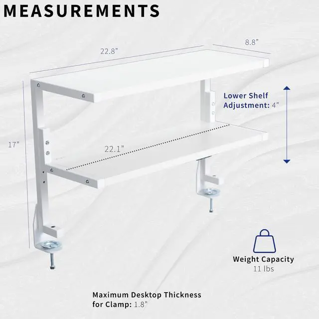Alt view image 3 of 7 - White Clamp-on 24 inch 2-Tier Desk Shelf, STAND-SHELF24C-W | Above or Below Desk, 2 Level Shelving Unit for Table Accessories, Gaming Devices, and More, Storage Tray, Desktop Organizer