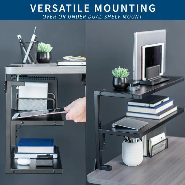 Alt view image 4 of 7 - Black Clamp-on 24 inch 2-Tier Desk Shelf, STAND-SHELF24C | Above or Below Desk, 2 Level Shelving Unit for Table Accessories, Gaming Devices, and More, Storage Tray, Desktop Organizer