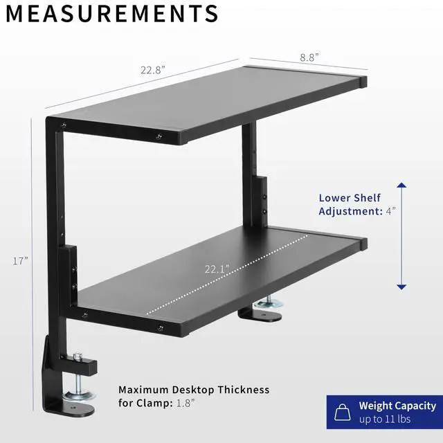 Alt view image 3 of 7 - Black Clamp-on 24 inch 2-Tier Desk Shelf, STAND-SHELF24C | Above or Below Desk, 2 Level Shelving Unit for Table Accessories, Gaming Devices, and More, Storage Tray, Desktop Organizer
