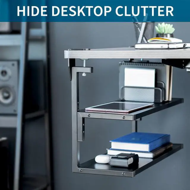 Alt view image 6 of 7 - Black Clamp-on 24 inch 2-Tier Desk Shelf, STAND-SHELF24C | Above or Below Desk, 2 Level Shelving Unit for Table Accessories, Gaming Devices, and More, Storage Tray, Desktop Organizer