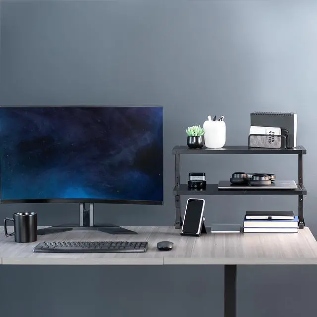 Alt view image 7 of 7 - Black Clamp-on 24 inch 2-Tier Desk Shelf, STAND-SHELF24C | Above or Below Desk, 2 Level Shelving Unit for Table Accessories, Gaming Devices, and More, Storage Tray, Desktop Organizer