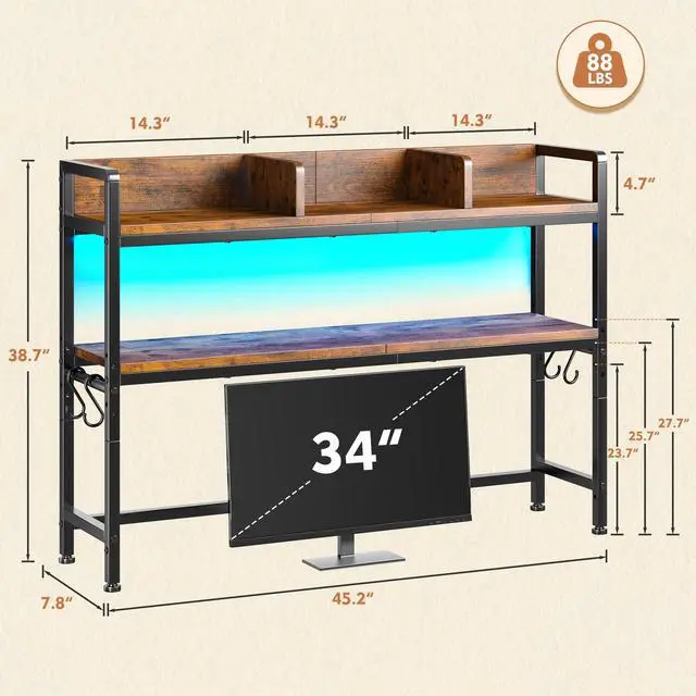 Alt view image 2 of 7 - 45.2" Desk Shelf with LED Lights and Hooks,2-Tier Adjustable Multipurpose Solid Wood Desk Hutch Dorm,Desktop Organizer Rack with 3 Display Rack for Dorm,Office Home,Rustic Brown