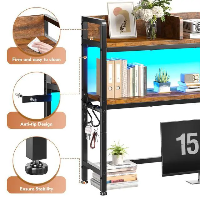 Alt view image 4 of 7 - 45.2" Desk Shelf with LED Lights and Hooks,2-Tier Adjustable Multipurpose Solid Wood Desk Hutch Dorm,Desktop Organizer Rack with 3 Display Rack for Dorm,Office Home,Rustic Brown