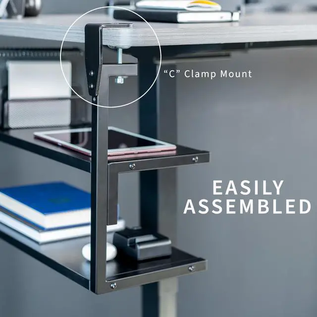 Alt view image 5 of 7 - Black Clamp-on 24 inch 2-Tier Desk Shelf, STAND-SHELF24C | Above or Below Desk, 2 Level Shelving Unit for Table Accessories, Gaming Devices, and More, Storage Tray, Desktop Organizer