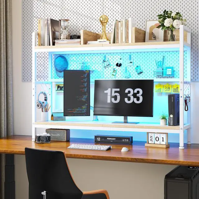 Alt view image 7 of 7 - 45.2" Desk Shelf with LED Lights and Hooks,2-Tier Adjustable Multipurpose Solid Wood Desk Hutch Dorm,Desktop Organizer Rack with 3 Display Rack for Dorm,Office Home,White