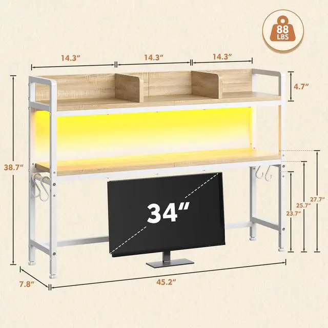 Alt view image 2 of 7 - 45.2" Desk Shelf with LED Lights and Hooks,2-Tier Adjustable Multipurpose Solid Wood Desk Hutch Dorm,Desktop Organizer Rack with 3 Display Rack for Dorm,Office Home,White