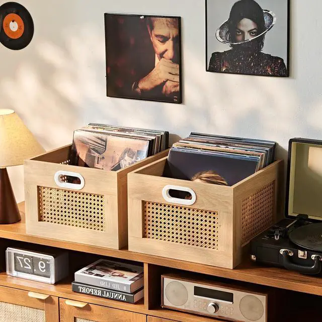 Main image of 2 Pack Vinyl Record Storage Crates, Rattan Vinyl Record Holder with Handle, Natural Wood Record Crate for Vinyls Holder up to 75 LP's, Desktop Cube Album Storage for Vinyls Records