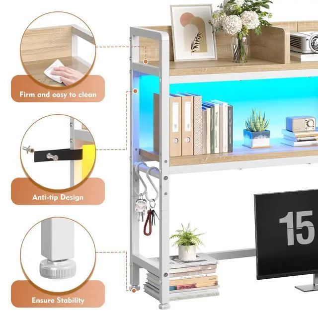 Alt view image 4 of 7 - 45.2" Desk Shelf with LED Lights and Hooks,2-Tier Adjustable Multipurpose Solid Wood Desk Hutch Dorm,Desktop Organizer Rack with 3 Display Rack for Dorm,Office Home,White