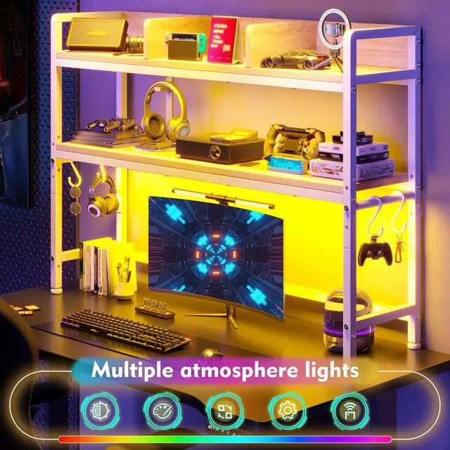 Alt view image 6 of 7 - 45.2" Desk Shelf with LED Lights and Hooks,2-Tier Adjustable Multipurpose Solid Wood Desk Hutch Dorm,Desktop Organizer Rack with 3 Display Rack for Dorm,Office Home,White