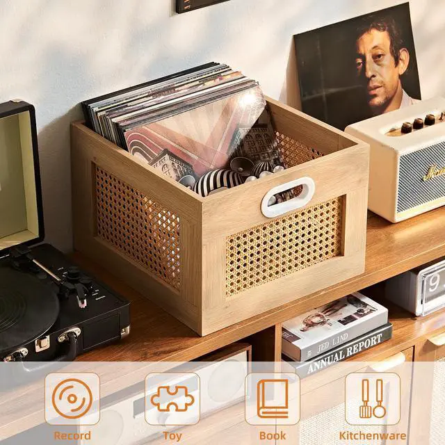 Alt view image 4 of 7 - 2 Pack Vinyl Record Storage Crates, Rattan Vinyl Record Holder with Handle, Natural Wood Record Crate for Vinyls Holder up to 75 LP's, Desktop Cube Album Storage for Vinyls Records