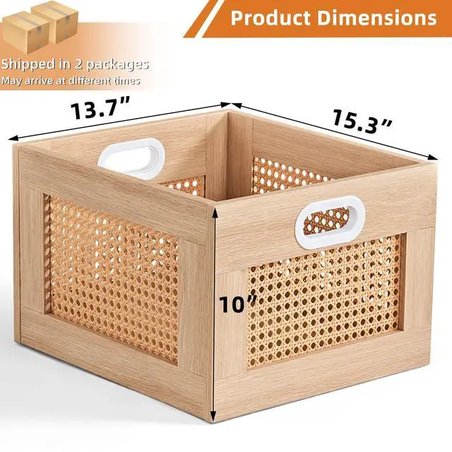 Alt view image 2 of 7 - 2 Pack Vinyl Record Storage Crates, Rattan Vinyl Record Holder with Handle, Natural Wood Record Crate for Vinyls Holder up to 75 LP's, Desktop Cube Album Storage for Vinyls Records