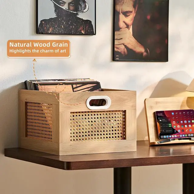Alt view image 5 of 7 - 2 Pack Vinyl Record Storage Crates, Rattan Vinyl Record Holder with Handle, Natural Wood Record Crate for Vinyls Holder up to 75 LP's, Desktop Cube Album Storage for Vinyls Records