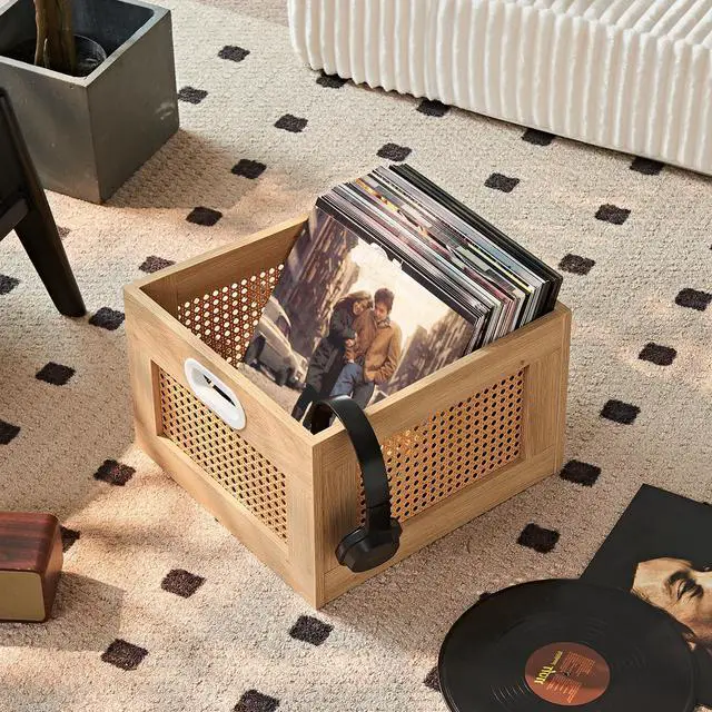 Alt view image 3 of 7 - 2 Pack Vinyl Record Storage Crates, Rattan Vinyl Record Holder with Handle, Natural Wood Record Crate for Vinyls Holder up to 75 LP's, Desktop Cube Album Storage for Vinyls Records