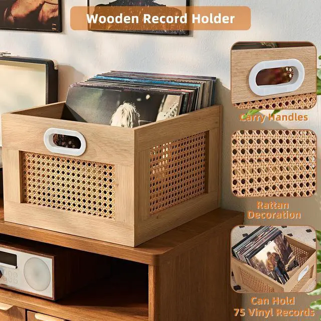 Alt view image 6 of 7 - 2 Pack Vinyl Record Storage Crates, Rattan Vinyl Record Holder with Handle, Natural Wood Record Crate for Vinyls Holder up to 75 LP's, Desktop Cube Album Storage for Vinyls Records
