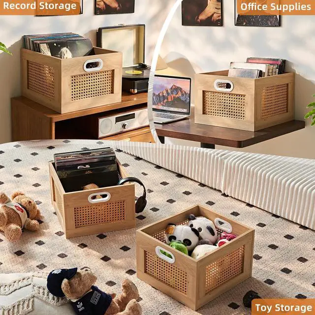 Alt view image 7 of 7 - 2 Pack Vinyl Record Storage Crates, Rattan Vinyl Record Holder with Handle, Natural Wood Record Crate for Vinyls Holder up to 75 LP's, Desktop Cube Album Storage for Vinyls Records