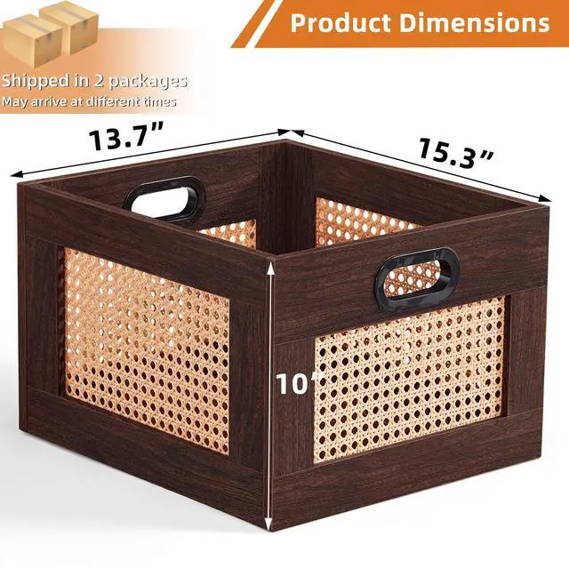 Alt view image 2 of 7 - 2 Pack Vinyl Record Storage Crates, Rattan Vinyl Record Holder with Handle, Natural Wood Record Crate for Vinyls Holder up to 75 LP's, Desktop Cube Album Storage for Vinyls Records(Walnut)