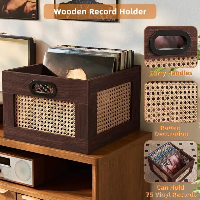 Alt view image 3 of 7 - 2 Pack Vinyl Record Storage Crates, Rattan Vinyl Record Holder with Handle, Natural Wood Record Crate for Vinyls Holder up to 75 LP's, Desktop Cube Album Storage for Vinyls Records(Walnut)