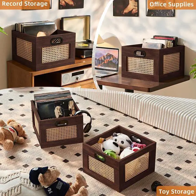 Alt view image 6 of 7 - 2 Pack Vinyl Record Storage Crates, Rattan Vinyl Record Holder with Handle, Natural Wood Record Crate for Vinyls Holder up to 75 LP's, Desktop Cube Album Storage for Vinyls Records(Walnut)