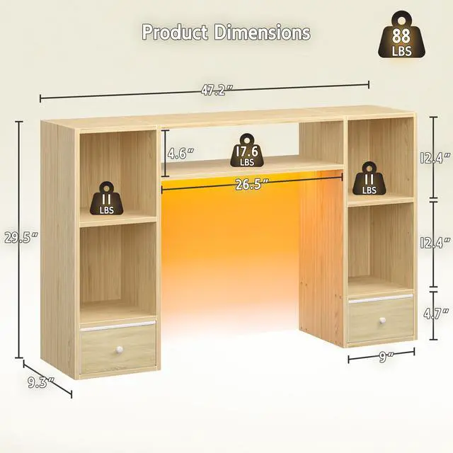 Alt view image 2 of 7 - 47.2" Desktop Bookshelf, 6 Shelves & 2 Drawers, LED Lights, Natural | 12mm MDF with Scratch-resistant, Up to 27" -monitor, Adjustable Shelves