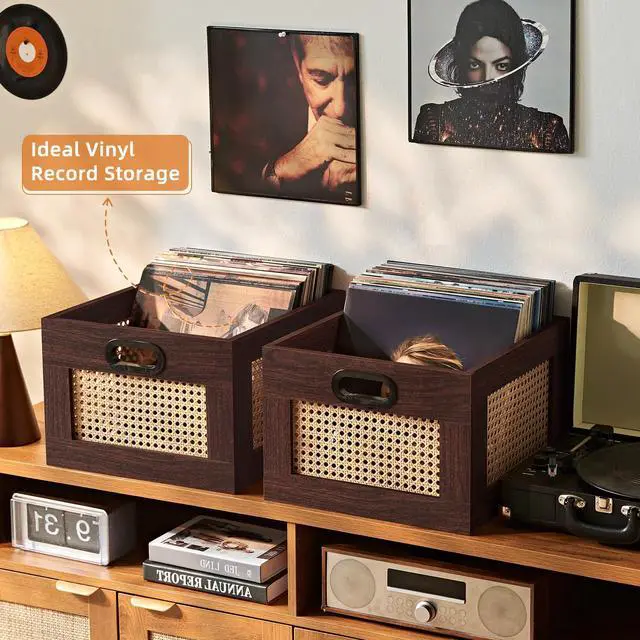 Alt view image 7 of 7 - 2 Pack Vinyl Record Storage Crates, Rattan Vinyl Record Holder with Handle, Natural Wood Record Crate for Vinyls Holder up to 75 LP's, Desktop Cube Album Storage for Vinyls Records(Walnut)