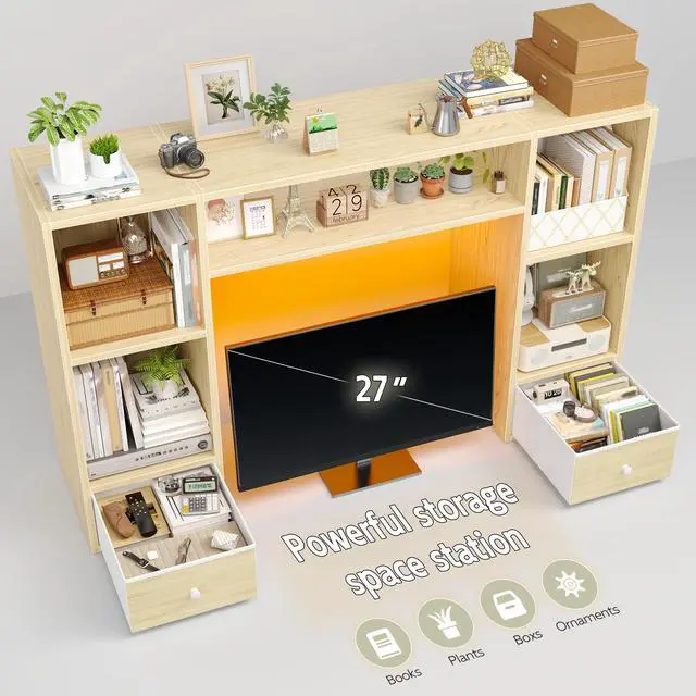 Alt view image 4 of 7 - 47.2" Desktop Bookshelf, 6 Shelves & 2 Drawers, LED Lights, Natural | 12mm MDF with Scratch-resistant, Up to 27" -monitor, Adjustable Shelves