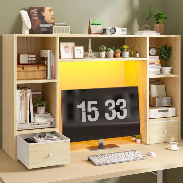 Main image of 47.2" Desktop Bookshelf, 6 Shelves & 2 Drawers, LED Lights, Natural | 12mm MDF with Scratch-resistant, Up to 27" -monitor, Adjustable Shelves