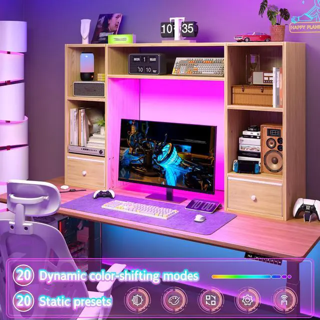 Alt view image 3 of 7 - 47.2" Desktop Bookshelf, 6 Shelves & 2 Drawers, LED Lights, Natural | 12mm MDF with Scratch-resistant, Up to 27" -monitor, Adjustable Shelves