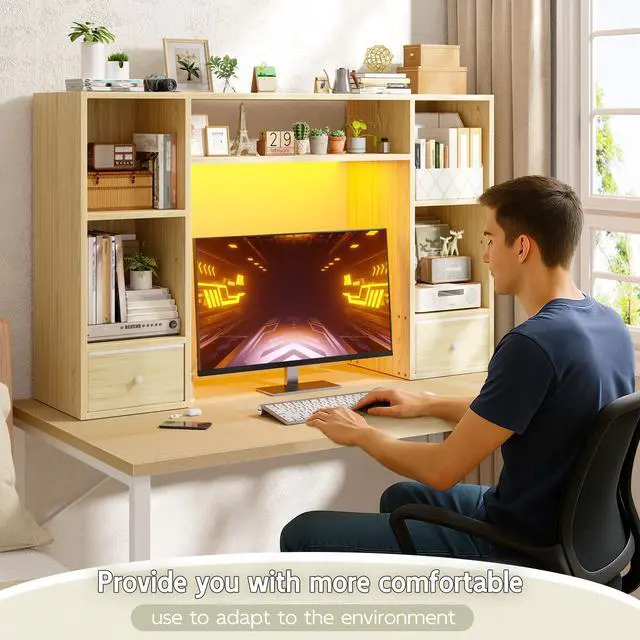 Alt view image 7 of 7 - 47.2" Desktop Bookshelf, 6 Shelves & 2 Drawers, LED Lights, Natural | 12mm MDF with Scratch-resistant, Up to 27" -monitor, Adjustable Shelves