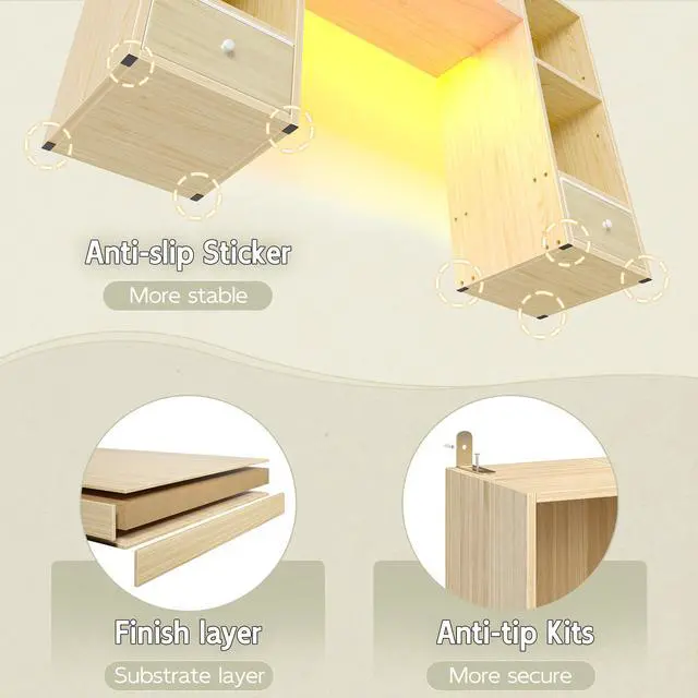Alt view image 5 of 7 - 47.2" Desktop Bookshelf, 6 Shelves & 2 Drawers, LED Lights, Natural | 12mm MDF with Scratch-resistant, Up to 27" -monitor, Adjustable Shelves