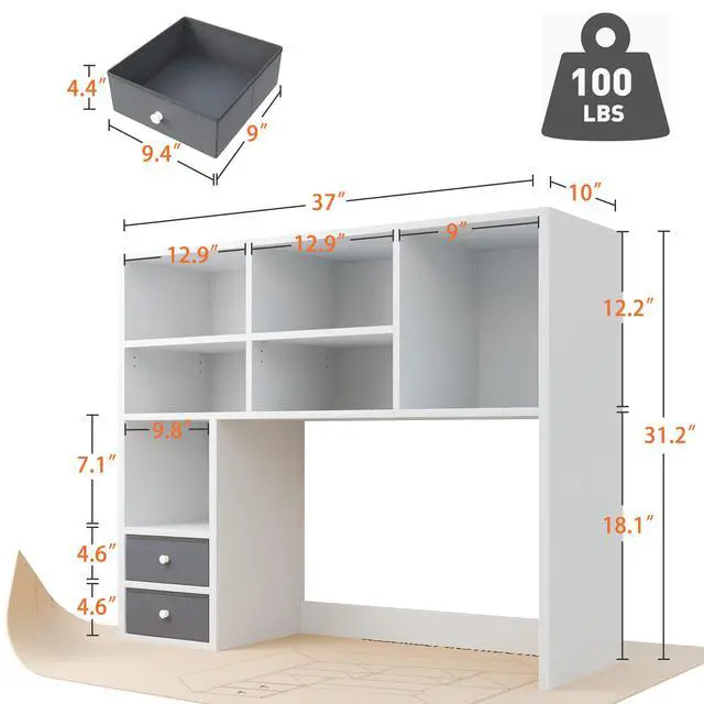 Alt view image 2 of 7 - Desktop Bookshelf, 7 Shelves and 2 Drawers, Adjustable Shelf, White | Small Space Organizers, Anti-Tip for Secure Stability