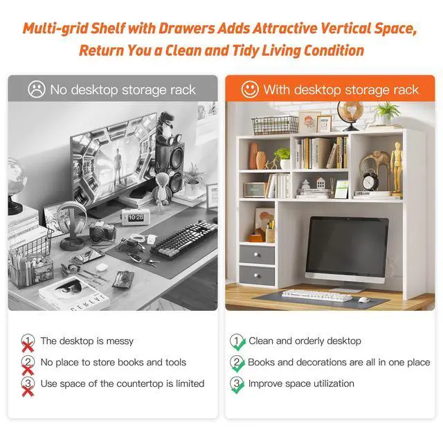 Alt view image 5 of 7 - Desktop Bookshelf, 7 Shelves and 2 Drawers, Adjustable Shelf, White | Small Space Organizers, Anti-Tip for Secure Stability