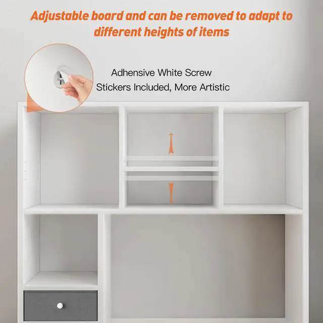 Alt view image 6 of 7 - Desktop Bookshelf, 7 Shelves and 2 Drawers, Adjustable Shelf, White | Small Space Organizers, Anti-Tip for Secure Stability