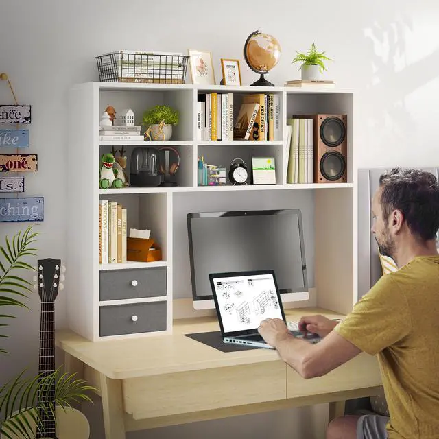 Alt view image 3 of 7 - Desktop Bookshelf, 7 Shelves and 2 Drawers, Adjustable Shelf, White | Small Space Organizers, Anti-Tip for Secure Stability