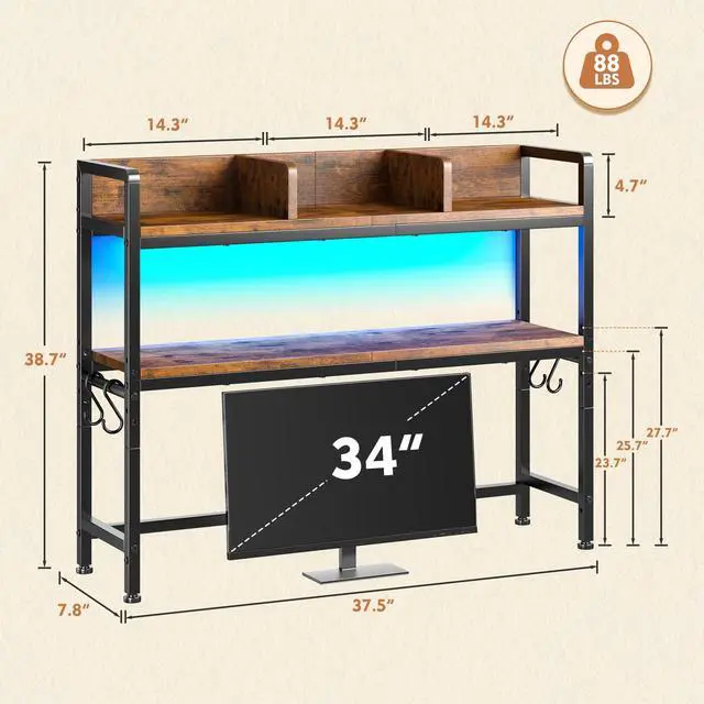 Alt view image 2 of 7 - 2-Tier Desk Shelf with LED for Bedroom and Home Office, Rustic Brown | Students & Renters, Wood & Steel, Holds 44 lbs & 33 lbs per Tier, Adjustable Shelf, Anti-tip & 4 Hooks