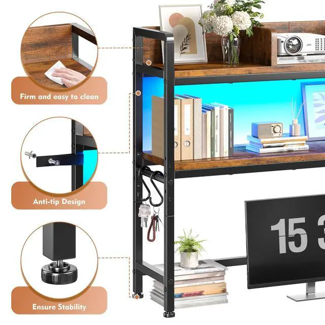 Alt view image 4 of 7 - 2-Tier Desk Shelf with LED for Bedroom and Home Office, Rustic Brown | Students & Renters, Wood & Steel, Holds 44 lbs & 33 lbs per Tier, Adjustable Shelf, Anti-tip & 4 Hooks