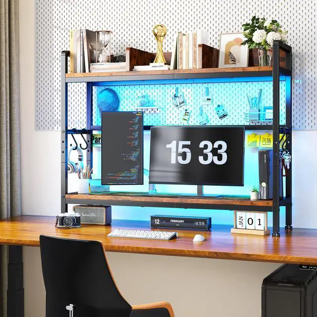 Alt view image 7 of 7 - 2-Tier Desk Shelf with LED for Bedroom and Home Office, Rustic Brown | Students & Renters, Wood & Steel, Holds 44 lbs & 33 lbs per Tier, Adjustable Shelf, Anti-tip & 4 Hooks