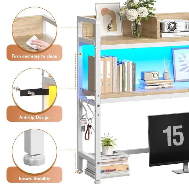 Alt view image 3 of 7 - 2-Tier Desk Shelf with LED for Bedroom and Home Office, White | Students & Renters, Wood & Steel, Holds 44 lbs & 33 lbs per Tier, Adjustable Shelf, Anti-tip & 4 Hooks