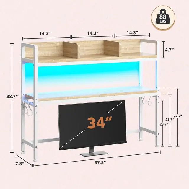 Alt view image 2 of 7 - 2-Tier Desk Shelf with LED for Bedroom and Home Office, White | Students & Renters, Wood & Steel, Holds 44 lbs & 33 lbs per Tier, Adjustable Shelf, Anti-tip & 4 Hooks