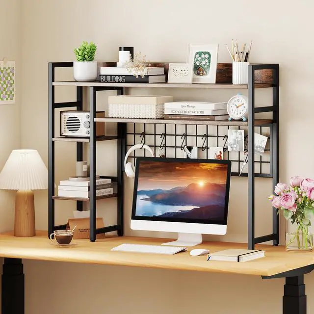 Alt view image 2 of 7 - Desktop Bookshelf for Computer Monitor Up to 32, 37" x 29" Countertop Storage Hutch with 4 Open Storage Shelves, Grid Panel, Anti-tip Device, 4-Tier Desktop Display Shelves for Home Office