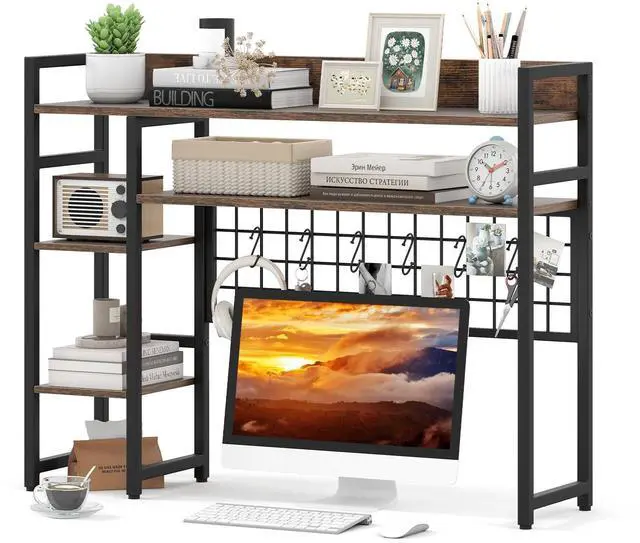 Main image of Desktop Bookshelf for Computer Monitor Up to 32, 37" x 29" Countertop Storage Hutch with 4 Open Storage Shelves, Grid Panel, Anti-tip Device, 4-Tier Desktop Display Shelves for Home Office