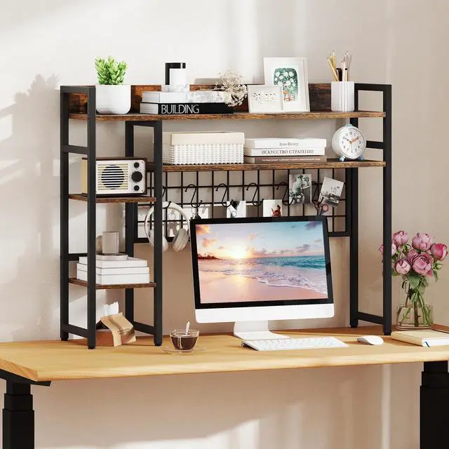 Alt view image 4 of 7 - Desktop Bookshelf for Computer Monitor Up to 32, 37" x 29" Countertop Storage Hutch with 4 Open Storage Shelves, Grid Panel, Anti-tip Device, 4-Tier Desktop Display Shelves for Home Office