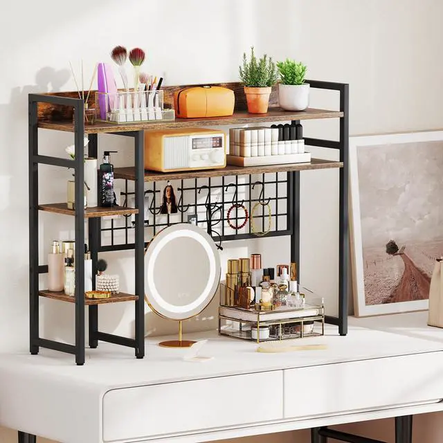 Alt view image 5 of 7 - Desktop Bookshelf for Computer Monitor Up to 32, 37" x 29" Countertop Storage Hutch with 4 Open Storage Shelves, Grid Panel, Anti-tip Device, 4-Tier Desktop Display Shelves for Home Office